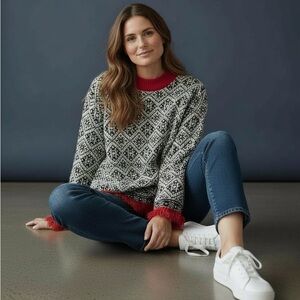 Talbots Black and White Geometric Sweater with Red Trim